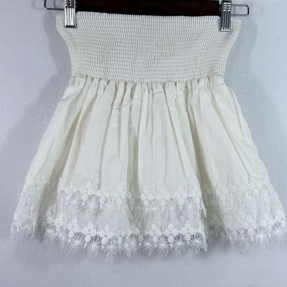 Peixoto White 100% Cotton Smocked Waist Lace Trim Boho Tiered Belle Skirt Size M